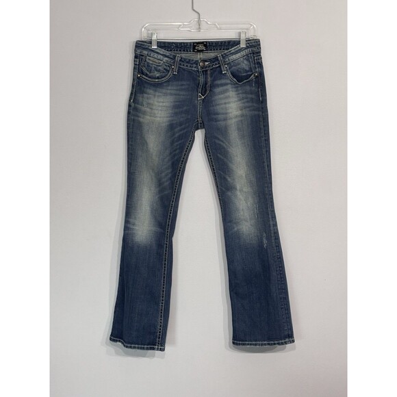 Rerock Express Women's Bootcut Blue Denim Distressed Jeans Size 8R Embroidered - Picture 1 of 15